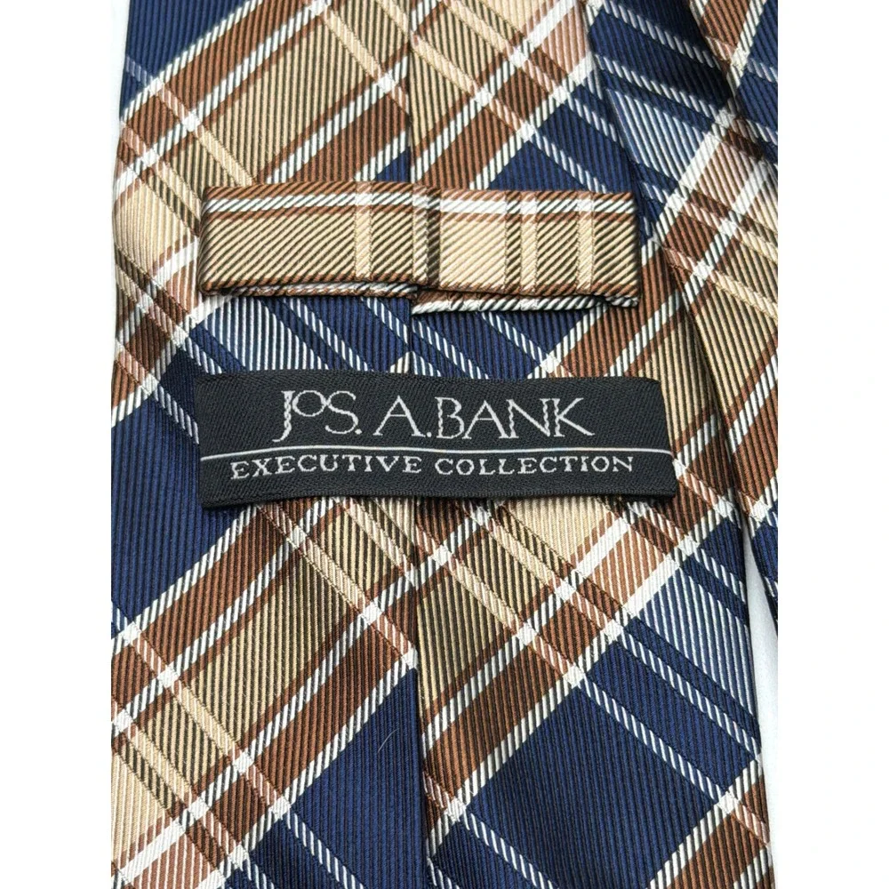 Jos.‎ A. Bank Executive Collection Mens Navy Blue Tan Plaid 100% Silk Necktie